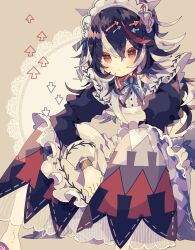Rule 34 | 1girl, :|, alternate costume, apron, arms on knees, black dress, black hair, blue ribbon, bracelet, closed mouth, commentary request, cone horns, directional arrow hair ornament, dress, enmaided, feet out of frame, highres, horns, jewelry, kijin seija, long sleeves, looking at viewer, maid, maid apron, maid headdress, medium hair, multicolored clothes, multicolored dress, multicolored hair, nikorashi-ka, red dress, red eyes, red hair, ribbon, sitting, solo, streaked hair, touhou, white apron, white dress, white hair