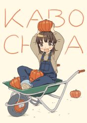 Rule 34 | 1girl, blue overalls, blush, broiler, brown eyes, brown hair, halloween, happy, highres, looking at viewer, open mouth, original, overalls, pumpkin, pumpkin on head, short hair, sitting, smile, solo, sweater, wheelbarrow