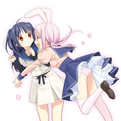 Rule 34 | 2girls, :d, animal ears, blue hair, blush, breasts, long hair, multiple girls, open mouth, panties, pantyshot, pink hair, piyodera mucha, profile, rabbit ears, red eyes, simple background, smile, thighhighs, two side up, underwear, white background