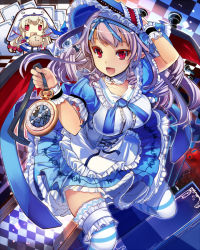 Rule 34 | 1girl, 2girls, alice in wonderland, chess piece, chessboard, chibi, detached collar, dress, frilled dress, frills, hairband, hat, makai touitsu chaos blade, multiple girls, naaamo, open mouth, original, pocket watch, pointy ears, puffy short sleeves, puffy sleeves, purple hair, red eyes, short sleeves, sitting, solo focus, striped clothes, striped thighhighs, thighhighs, watch, zettai ryouiki