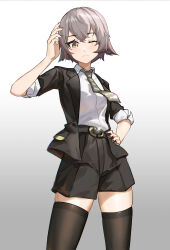 Rule 34 | absurdres, belt, brown hair, collared shirt, cowboy shot, formal, girls&#039; frontline, girls&#039; frontline 2: exilium, grey hair, hand on own hip, hand up, highres, nail polish, neck, one eye closed, scar, scar across eye, scar on face, shirt, short hair, shorts, simple background, suit, thighhighs, ump45 (girls&#039; frontline), zzq