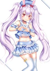 Rule 34 | 1girl, anchor print, animal ears, armpit peek, azur lane, bare shoulders, beret, blue choker, blue hat, blue skirt, blush, bow, buttons, choker, collarbone, commentary request, crop top, crop top overhang, detached sleeves, feet out of frame, frilled cuffs, frilled sleeves, frills, hair between eyes, hair bow, hat, heart, heart hands, highres, laffey (azur lane), laffey (bunny clerk?) (azur lane), layered skirt, light purple hair, long hair, looking at viewer, midriff, miniskirt, navel, orange bow, parted lips, pleated skirt, rabbit ears, rabbit tail, red bow, red eyes, sailor collar, short sleeves, sidelocks, skirt, solo, standing, stomach, tail, thighhighs, twintails, very long hair, wavy hair, white background, white sailor collar, white thighhighs, wrist cuffs, yuano, zettai ryouiki