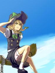 Rule 34 | 1girl, apron, artist name, bad id, bad twitter id, black footwear, blonde hair, bloomers, bow, braid, broom, broom riding, buttons, chain, cloud, dated, day, grin, hair bow, hand on own head, hat, hat bow, highres, kirisame marisa, long hair, nuqura, puffy sleeves, shoes, short sleeves, side braid, sidesaddle, skirt, sky, smile, socks, solo, touhou, twin braids, underwear, waist apron, white socks, witch hat, yellow eyes