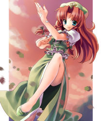 Rule 34 | 1girl, bandaid, bandaid on arm, bandaid on hand, beret, blue eyes, braid, chinese clothes, female focus, fighting stance, hat, hong meiling, immaterial and missing power, katahira masashi, leaf, leg lift, long hair, outdoors, red hair, side slit, skirt, sky, solo, touhou, twin braids