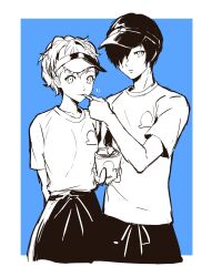 Rule 34 | 1boy, 1girl, absurdres, closed mouth, food, greyscale, hair over one eye, highres, holding, holding spoon, ice cream, igusaharu, looking at viewer, monochrome, persona, persona 3, persona 3 portable, shiomi kotone, short hair, spoon, spot color, uniform, yuuki makoto (persona 3)