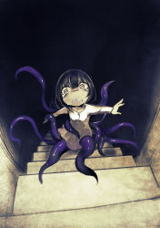 Rule 34 | 1girl, absurdres, black hair, crying, crying with eyes open, dress, female focus, highres, looking at viewer, monster girl, original, pale skin, ruu bot, scylla, short hair, solo, stairs, stairwell, tears, tentacles, white dress