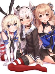 Rule 34 | 3girls, all fours, amatsukaze (kancolle), black gloves, black legwear, black panties, black skirt, blonde hair, blue shirt, blush, breasts, brown dress, brown eyes, cleavage, crop top, dress, elbow gloves, embarrassed, garter straps, gloves, grey eyes, hair ornament, hair tubes, hairband, hand on own chest, hand up, johnston (kancolle), kantai collection, light brown hair, long hair, looking at viewer, medium breasts, miniskirt, multiple girls, off shoulder, open mouth, panties, pleated skirt, red legwear, sailor collar, sailor dress, school uniform, serafuku, shimakaze (kancolle), shirt, short dress, silver hair, single glove, sitting, skirt, smile, striped clothes, striped legwear, striped thighhighs, sweatdrop, takanashi kei (hitsujikan), thighhighs, two side up, underwear, united states medal of honor, wariza, white gloves