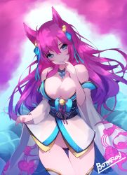 Rule 34 | 1girl, ahri (league of legends), alternate hair color, animal ears, bell, black panties, blue tail, breasts, butaros, cleavage, fox ears, fox tail, hair bell, hair ornament, highres, korean clothes, kyuubi, large breasts, league of legends, looking at viewer, multiple tails, off shoulder, panties, pussy, pussy peek, solo, spirit blossom ahri, tail, underwear