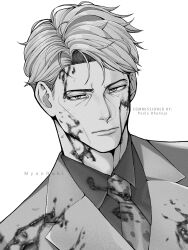 Rule 34 | 1boy, absurdres, blood, blood on clothes, blood on face, collared shirt, commission, english text, expressionless, greyscale, highres, jujutsu kaisen, lips, looking at viewer, male focus, mayo (myaoruki), monochrome, nanami kento, necktie, shirt, short hair, solo, watermark