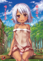Rule 34 | 1girl, :d, bare shoulders, blue sky, blush, breasts, cameltoe, cloud, cloudy sky, collarbone, cover, dark skin, dark-skinned female, day, dress, elf, looking at viewer, nature, open mouth, original, outdoors, panties, pantyshot, pink panties, pointy ears, red eyes, short dress, short hair, silver hair, sitting, sky, small breasts, smile, solo, thigh gap, tree, underwear, white panties, wind, wind lift, yukino minato