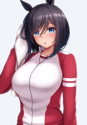 Rule 34 | 1girl, :o, animal ears, arm at side, bad id, bad pixiv id, black hair, blue eyes, blush, bob cut, breasts, collarbone, eishin flash (umamusume), hair between eyes, highres, horse ears, horse girl, jacket, jersey, large breasts, looking at viewer, medium hair, open mouth, partially unzipped, simple background, solo, swept bangs, tapisuke, towel, track jacket, track suit, umamusume, upper body, white background