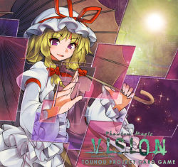 Rule 34 | 1girl, blonde hair, bow, breasts, dress, frilled dress, frills, hair bow, hair up, hand up, hat, hat ribbon, holding, holding umbrella, holographic interface, lens flare, long hair, long sleeves, medium breasts, mob cap, open mouth, panels, puffy long sleeves, puffy sleeves, purple eyes, purple theme, ribbon, sidelocks, smile, solo, space, star (sky), sun, sunlight, tabard, taut clothes, touhou, trigram, umbrella, umigarasu (kitsune1963), very long hair, white dress, wide sleeves, yakumo yukari