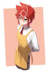 Rule 34 | 1boy, apron, arms behind back, cardfight!! vanguard g, green eyes, hair between eyes, highres, long sleeves, male focus, medium hair, necktie, pink background, red hair, red necktie, shindou chrono, shirt, simple background, solo, spiked hair, standing, stardust notes, white shirt