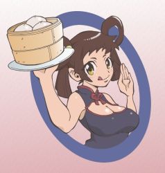 Rule 34 | 1girl, 428, bamboo steamer, baozi, breasts, brown hair, canaan (series), chinese clothes, chunsoft, cleavage, dumpling, female focus, food, freckles, gradient background, hinomaru (firesoul), large breasts, solo, twintails, yellow eyes, yunyun (canaan)