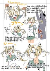 Rule 34 | 10s, 1boy, 1girl, abukuma (kancolle), blonde hair, blue eyes, blush, breasts, clenched hand, comic, commentary request, double bun, closed eyes, flying sweatdrops, hand on own cheek, hand on own face, hand up, hands on another&#039;s head, highres, kantai collection, long hair, long sleeves, nose blush, one eye closed, open mouth, pleated skirt, school uniform, serafuku, shino (ponjiyuusu), short sleeves, skirt, skirt flip, small breasts, smile, sweatdrop, translation request, twintails, wide-eyed