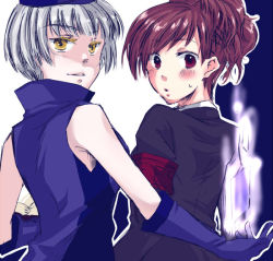 Rule 34 | 2girls, ako (so crazy!?), blush, bob cut, brown hair, elizabeth (persona), gloves, looking at viewer, multiple girls, open mouth, parted lips, persona, persona 3, persona 3 portable, ponytail, red eyes, school uniform, shiomi kotone, short hair, silver hair, sweatdrop, yellow eyes, yuri