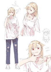 Rule 34 | 1girl, absurdres, blonde hair, blue pants, commentary request, denim, hair flaps, hair ornament, hairclip, highres, jeans, kantai collection, kappa modoki, long hair, pants, red eyes, shirt, short sleeves, smoking, translation request, white background, white shirt, yuudachi (kancolle), yuudachi kai ni (kancolle)