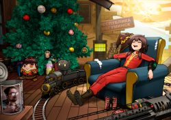 Rule 34 | 1girl, absurdres, alternate costume, boots, can, character request, chomusuke, christmas, christmas ornaments, christmas tree, couch, fallout (series), fenixman12, hat, highres, jakuzure nonon, jumpsuit, kill la kill, kono subarashii sekai ni shukufuku wo!, megumin, on couch, pip boy, russian text, sitting, stove, stuffed toy, toy, toy train, tree, vault suit, witch hat