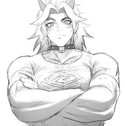 Rule 34 | 1boy, absurdres, arataki itto, bara, biceps, blush, collar, crossed arms, genshin impact, greyscale, haiki (tegusu), highres, horns, long hair, looking at viewer, makeup, male focus, manly, monochrome, muscular, muscular male, pectoral cleavage, pectorals, pointy ears, shirt, t-shirt, tight clothes