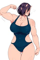 Rule 34 | 1girl, armpits, bad id, bad twitter id, black hair, blush, breasts, collarbone, covered erect nipples, covered navel, cowboy shot, curvy, devldevil, elf-san wa yaserarenai., eyes visible through hair, flexing, flying sweatdrops, gluteal fold, hair between eyes, highres, horns, large breasts, oga (elf-san wa yaserarenai.), one-piece swimsuit, one eye closed, pointy ears, purple hair, short hair, solo, sweat, swimsuit, toned, yellow eyes