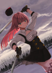 Rule 34 | 1girl, absurdres, aqua eyes, black gloves, black skirt, blush, breasts, cloud, cloudy sky, commentary, cowboy shot, dual wielding, earrings, eile, english commentary, forest, garrison cap, girls&#039; frontline, gloves, hammer and sickle, hat, highres, holding, jewelry, medium breasts, motion blur, nature, pink hair, pleated skirt, shashka, simonov (girls&#039; frontline), skirt, sky, smile, snow, solo, star (symbol), star earrings, sword, weapon