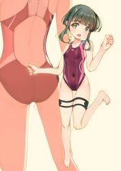 Rule 34 | 1girl, absurdres, ass, barefoot, bob cut, braid, breasts, brown eyes, commentary request, competition swimsuit, covered navel, full body, green hair, highres, kantai collection, looking at viewer, multicolored clothes, multicolored swimsuit, one-piece swimsuit, purple one-piece swimsuit, short hair, sidelocks, small breasts, swimsuit, takanami (kancolle), thigh gap, thigh strap, yashin (yasinz), zoom layer