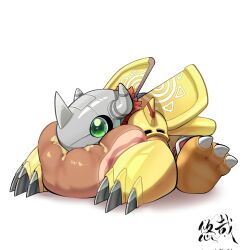 Rule 34 | chinese commentary, claws, colored skin, digimon, digimon (creature), food, green eyes, highres, horns, meat, no humans, orange skin, simple background, solo, wargreymon, white background, youzaiyouzai112