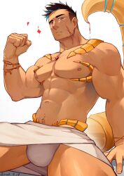 Rule 34 | 1boy, abs, bara, biceps, black hair, blue hair, bulge, clenched hand, closed mouth, cross scar, dated, facial hair, facial scar, hidora art, highres, large pectorals, male focus, multicolored hair, muscular, muscular male, navel, nipples, original, pectorals, red eyes, scar, scar on cheek, scar on face, scorpion boy, scorpion tail, short hair, sitting, solo, tail, thighs, two-tone hair