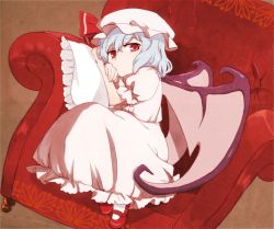 Rule 34 | 1girl, :/, bat wings, blue hair, chair, dutch angle, female focus, frilled pillow, frills, hat, mary janes, natsume (menthol), pillow, red eyes, remilia scarlet, shoes, short hair, solo, touhou, wings