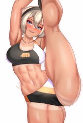 Rule 34 | 1girl, anisdrawn, arms up, bare arms, bare shoulders, bea (pokemon), black hairband, blush, breasts, commentary, creatures (company), crop top, dark skin, game freak, hairband, head tilt, highres, large breasts, leg up, midriff, navel, nintendo, pokemon, pokemon swsh, simple background, solo, sports bra, standing, standing on one leg, stomach, thighs, white background