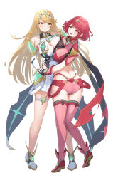 2girls absurdres ass bare_legs bare_shoulders blush breast_press breasts chest_jewel cleavage cleavage_cutout clothing_cutout comiket_105 commentary_request core_crystal_(xenoblade) dress earrings from_behind full_body highres holding_hands jewelry large_breasts long_hair looking_at_viewer multiple_girls mythra_(xenoblade) pyra_(xenoblade) red_eyes red_footwear red_shorts red_thighhighs short_dress short_hair short_shorts shorts simple_background symmetrical_docking taro_(peach_taro51) thigh_strap thighhighs tiara white_background white_dress white_footwear xenoblade_chronicles_(series) xenoblade_chronicles_2 yellow_eyes