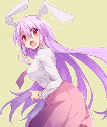 Rule 34 | 00tea, 1girl, animal ears, blush, rabbit ears, long hair, looking back, open mouth, purple hair, red eyes, reisen udongein inaba, simple background, solo, touhou, very long hair