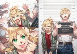 Rule 34 | 1girl, 3boys, :p, ^ ^, belt, blonde hair, blood, blood on clothes, blood on face, brother and sister, closed eyes, covered abs, denim, english text, fate/grand order, fate (series), gawain (fate), green eyes, hand on own face, height chart, height difference, highres, holding, holding sign, jeans, leather belt, missing tooth, mordred (fate), mordred (fate/apocrypha), mugshot, multiple boys, multiple views, nosebleed, pants, redrop, shirt, siblings, sign, smile, toned, toned male, tongue, tongue out, white shirt
