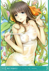 Rule 34 | 1girl, absurdres, blue eyes, blush, bracelet, breasts, brown hair, cleavage, covered erect nipples, earrings, flower, hair ribbon, highres, image sample, jewelry, large breasts, long hair, mikazuki akira!, necklace, one-piece swimsuit, original, parted lips, ribbon, school swimsuit, see-through, solo, strap pull, swimsuit, white school swimsuit, white one-piece swimsuit