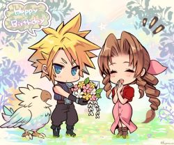 Rule 34 | 1boy, 1girl, aerith gainsborough, armor, belt, bird, birthday, blonde hair, blue eyes, blue pants, blue shirt, blush, boots, bouquet, brown hair, buttons, chibi, chocobo, closed eyes, cloud strife, curly hair, dress, final fantasy, final fantasy vii, flower, fujimaru (green sparrow), gloves, grass, hair ribbon, holding, holding bouquet, jacket, long dress, long hair, open mouth, own hands together, pants, parted bangs, pink dress, pink ribbon, red jacket, ribbon, ringlets, shirt, shoulder armor, sidelocks, sleeveless, sleeveless turtleneck, spiked hair, square enix, suspenders, teeth, turtleneck, upper teeth only