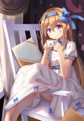 Rule 34 | 1girl, ass, bad id, bad pixiv id, belt, black ribbon, blue bow, blush, bow, brown hair, chair, cherry print, choker, closed mouth, commentary request, crescent, cup, curtains, day, dress, food print, frilled dress, frills, hair between eyes, hair bow, hairband, hands up, highres, holding, holding cup, indoors, long dress, long hair, looking at viewer, original, pillow, puffy short sleeves, puffy sleeves, purple eyes, ribbon, ribbon choker, short sleeves, sidelocks, sitting, smile, solo, star (symbol), teacup, white dress, yang423
