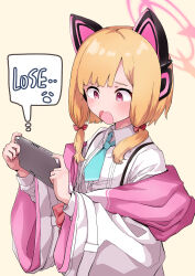 Rule 34 | 1girl, absurdres, animal ear headphones, animal ears, aqua necktie, blonde hair, blue archive, bow, cat ear headphones, commentary request, english text, fake animal ears, hair bow, hakurou hokuto, halo, handheld game console, headphones, highres, holding, holding handheld game console, jacket, long sleeves, momoi (blue archive), necktie, open mouth, pink eyes, pink halo, red bow, revision, shirt, short hair, simple background, solo, white jacket, white shirt, yellow background