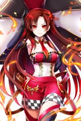 Rule 34 | 1girl, armpits, artist request, bare shoulders, black gloves, breasts, cleavage, elbow gloves, fire, gloves, hair ornament, highres, holding, holding umbrella, looking at viewer, necktie, official art, race queen, red eyes, red hair, sharr (soccer spirits), shorts, smile, soccer spirits, thighhighs, umbrella