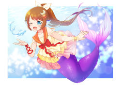 Rule 34 | 1girl, blue eyes, blush, border, bow, collarbone, commentary request, commission, crescent, crescent hair ornament, dress, fins, hair bow, hair ornament, head fins, indie virtual youtuber, long hair, looking at viewer, mermaid, monster girl, one eye closed, open mouth, orange hair, orange sailor collar, ponytail, red bow, rio (usagiya), sailor collar, siren ebina, skeb commission, sleeveless, smile, solo, sun hair ornament, underwater, virtual youtuber, white border, wrist cuffs, yellow bow, yellow dress