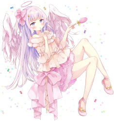 Rule 34 | 1girl, absurdres, bad id, bad pixiv id, bare shoulders, blush, bow, brown shirt, candy, closed mouth, commentary, feathered wings, food, full body, fur-trimmed skirt, fur trim, hair bow, halo, hand up, highres, holding, holding candy, holding food, holding lollipop, index finger raised, lollipop, looking at viewer, off-shoulder shirt, off shoulder, one side up, original, pink bow, pink footwear, pink skirt, purple eyes, purple hair, shirt, shoes, simple background, skirt, smile, solo, star (symbol), starry background, swirl lollipop, symbol-only commentary, tsukiyo (skymint), white background, white wings, wings