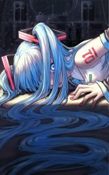 Rule 34 | 1girl, bare shoulders, blue eyes, blue hair, blue necktie, close-up, collared shirt, curly hair, dark background, detached sleeves, expressionless, eyelashes, fingernails, hair over one eye, hand rest, hatsune miku, highres, light, light particles, long hair, looking at viewer, lying, nail polish, necktie, number tattoo, on stomach, parted lips, red nails, shaded face, shadow, shirt, shoulder tattoo, sleeveless, sleeveless shirt, solo, spotlight, take hara 3, tattoo, twintails, upper body, very long hair, vocaloid, white shirt, wide-eyed