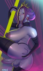 Rule 34 | 1futa, ass, ass grab, blush, breasts, crown, ear piercing, embarrassed, erection, futanari, grabbing own ass, highres, holding, holding pole, huge nipples, joylewds, large areolae, large breasts, long hair, mirelia q melromarc, nipples, partially undressed, penis, piercing, pole, pole dancing, queen, solo, tate no yuusha no nariagari, testicles, thighhighs