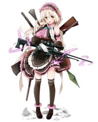 Rule 34 | 1girl, arm garter, artist request, beatrice (royal flush heroes), black thighhighs, blonde hair, book, braid, broken cup, center frills, dress, french braid, frills, full body, gun, headdress, highres, holding, holding book, mary janes, open mouth, rocket launcher, royal flush heroes, shoes, short hair, skirt, smile, solo, thighhighs, too many, transparent background, weapon, yellow eyes