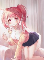 Rule 34 | 1girl, all fours, bang dream!, black skirt, breasts, brown cardigan, cardigan, collared shirt, couch, highres, long hair, long sleeves, looking at viewer, maruyama aya, medium breasts, merryj, miniskirt, on couch, parted lips, pink eyes, pink hair, pleated skirt, school uniform, shirt, skirt, solo, thighs, twintails, white shirt