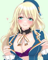 Rule 34 | 1girl, ascot, atago (kancolle), beret, blonde hair, blue hat, bra, breasts, cleavage, commentary request, frilled sleeves, frills, hat, highres, kantai collection, large breasts, long hair, military, military uniform, nitamako (sakamalh), open clothes, purple bra, solo, underwear, uniform, upper body, white ascot