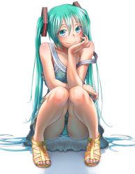 Rule 34 | 1girl, arm support, bare legs, bare shoulders, blue dress, blue eyes, blue hair, blue nails, collarbone, colored eyelashes, dress, feet, floral print, full body, hair between eyes, hair ornament, hand on own cheek, hand on own face, hatsune miku, high heels, knees together feet apart, long hair, looking at viewer, matching hair/eyes, nail polish, no legwear, no socks, off shoulder, panties, pantyshot, pigeon-toed, sandals, shoes, sleeveless, sleeveless dress, smile, solo, squatting, strap slip, striped clothes, striped panties, toeless footwear, toenail polish, toenails, toes, transparent background, twintails, underwear, upskirt, very long hair, vocaloid, voiceroid, wokada