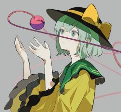 Rule 34 | 1girl, :/, black hat, blouse, bow, closed mouth, commentary, frilled shirt collar, frilled sleeves, frills, green eyes, green hair, grey background, hands up, hat, hat bow, jusbithxu7, komeiji koishi, long sleeves, looking up, shirt, short hair, simple background, solo, third eye, touhou, upper body, wide sleeves, yellow bow, yellow shirt