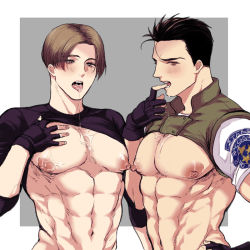 Rule 34 | 2boys, abs, aftersex, bara, blush, cum, cum in mouth, cum on body, drooling, facial, leon s. kennedy, looking at viewer, male focus, multiple boys, muscular, naughty face, nipples, pectorals, piers nivans, resident evil, saliva, steam, tagme, yaoi