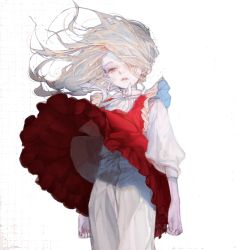 Rule 34 | 1girl, blue eyes, clothes lift, cowboy shot, dress, dress lift, frilled dress, frills, highres, long hair, looking at viewer, original, parted lips, red dress, simple background, solo, syalgu, symbol-only commentary, white background, white hair, wind, wind lift