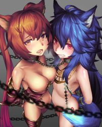 Rule 34 | 10s, 2girls, animal ears, arms behind back, bad id, bad pixiv id, blue hair, breasts, brown eyes, cerberus (shingeki no bahamut), chain, chained, chain, cleavage, clenched teeth, collar, dakunesu, erune, eyebrows, fang, fenrir (shingeki no bahamut), flat chest, granblue fantasy, grey background, highres, long hair, looking at viewer, medium breasts, multiple girls, nude, open mouth, pink eyes, red hair, shingeki no bahamut, tail, teeth